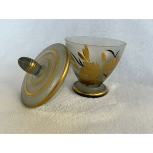 Mid Century Modern Lidded Frosted Glass Candy/Decorative Dish Small Gold Flowers